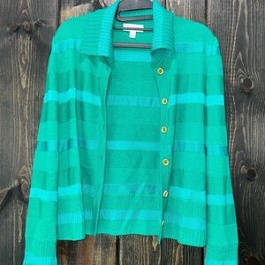 St John Cardigan Sweater Size S Button Front Wool Blend Green Striped Vtg Y2K